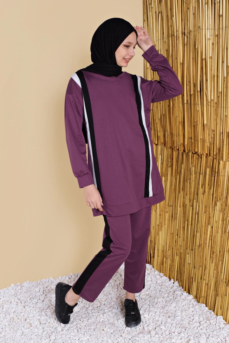 Tesettür giyim MÜRDÜM ŞERİT DETAYLI PANTOLONLU EŞOFMAN TAKIM  8256  