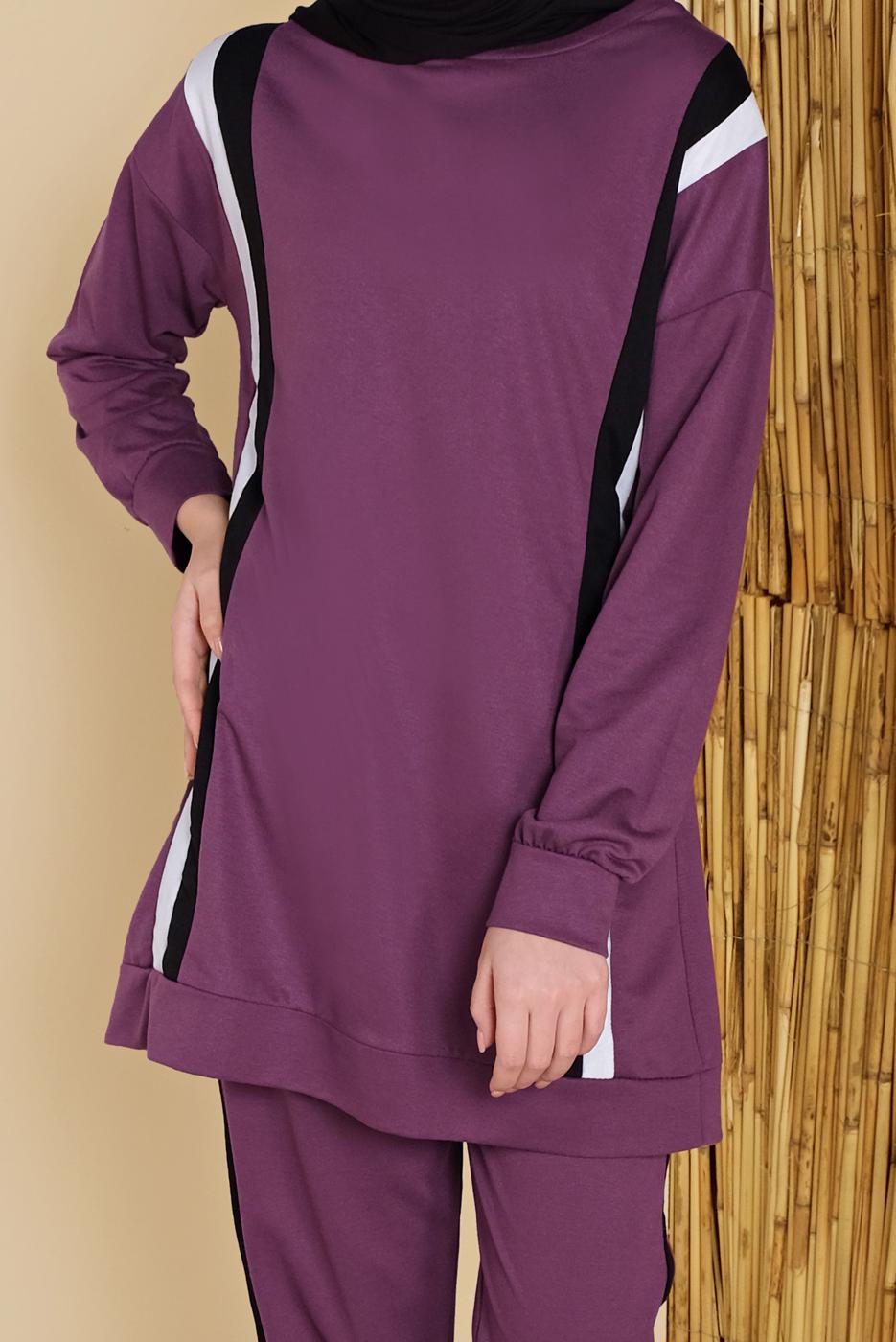 Tesettür giyim MÜRDÜM ŞERİT DETAYLI PANTOLONLU EŞOFMAN TAKIM  8256  