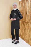 Tesettür giyim SİYAH ŞERİTLİ KAPÜŞONLU İKİLİ PANTOLONLU TAKIM 8456