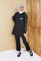 Tesettür giyim SİYAH ŞERİTLİ KAPÜŞONLU İKİLİ PANTOLONLU TAKIM 8456