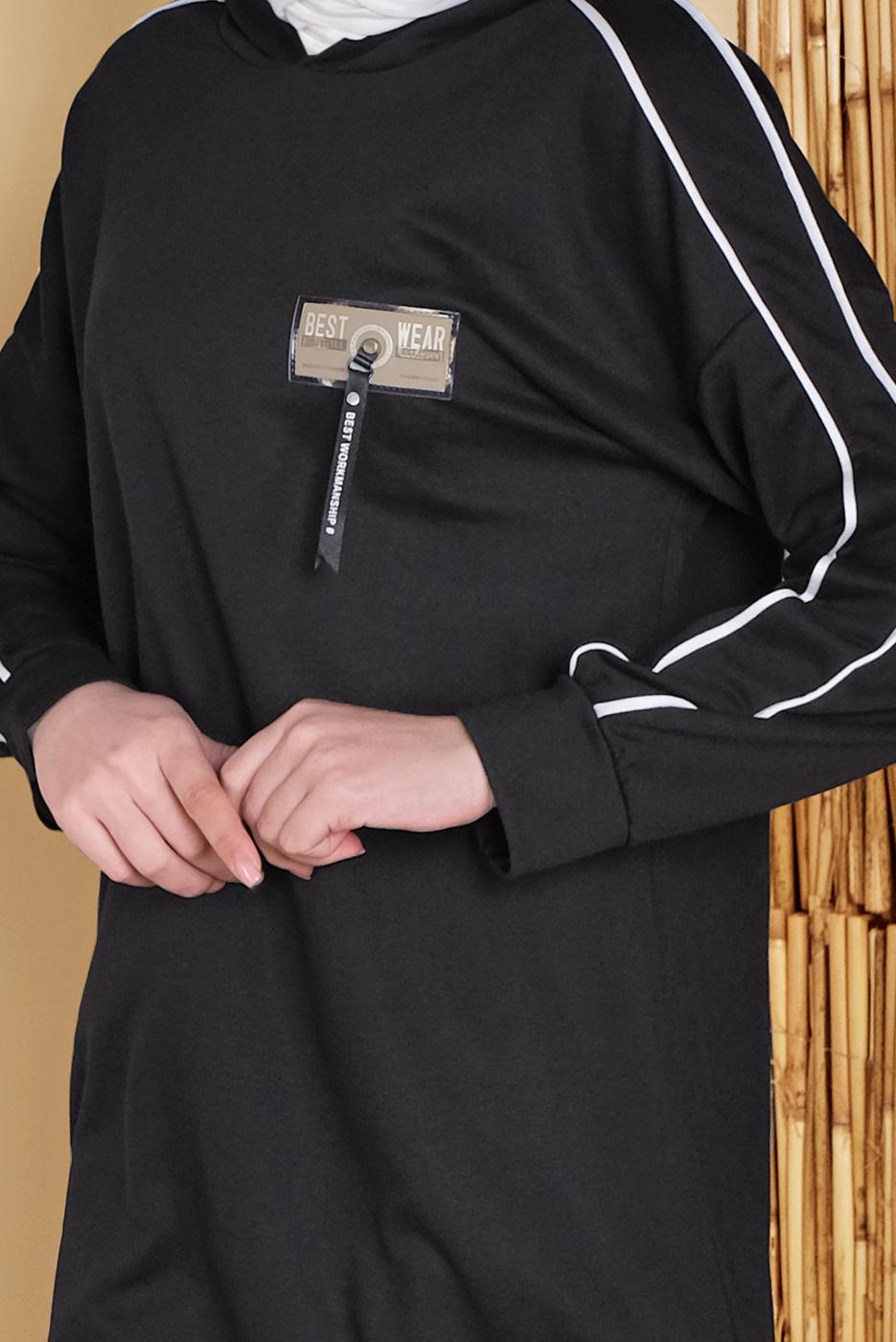 Tesettür giyim SİYAH ŞERİTLİ KAPÜŞONLU İKİLİ PANTOLONLU TAKIM 8456