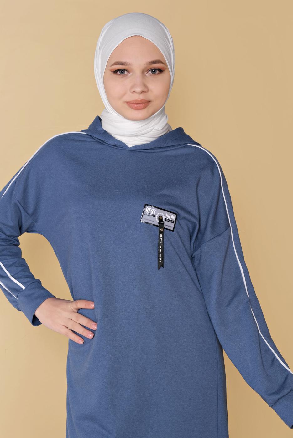 Tesettür giyim LACİVERT ŞERİTLİ KAPÜŞONLU İKİLİ PANTOLONLU TAKIM 8456