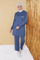 Tesettür giyim LACİVERT ŞERİTLİ KAPÜŞONLU İKİLİ PANTOLONLU TAKIM 8456