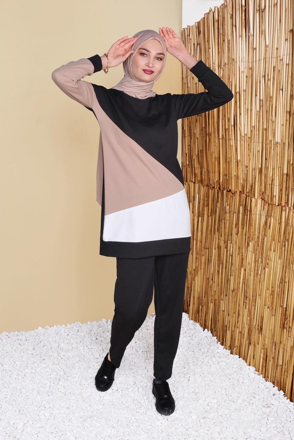 Tesettür giyim SİYAH BİSİKLET YAKA İKİLİ PANTOLONLU EŞOFMAN TAKIMI 8555