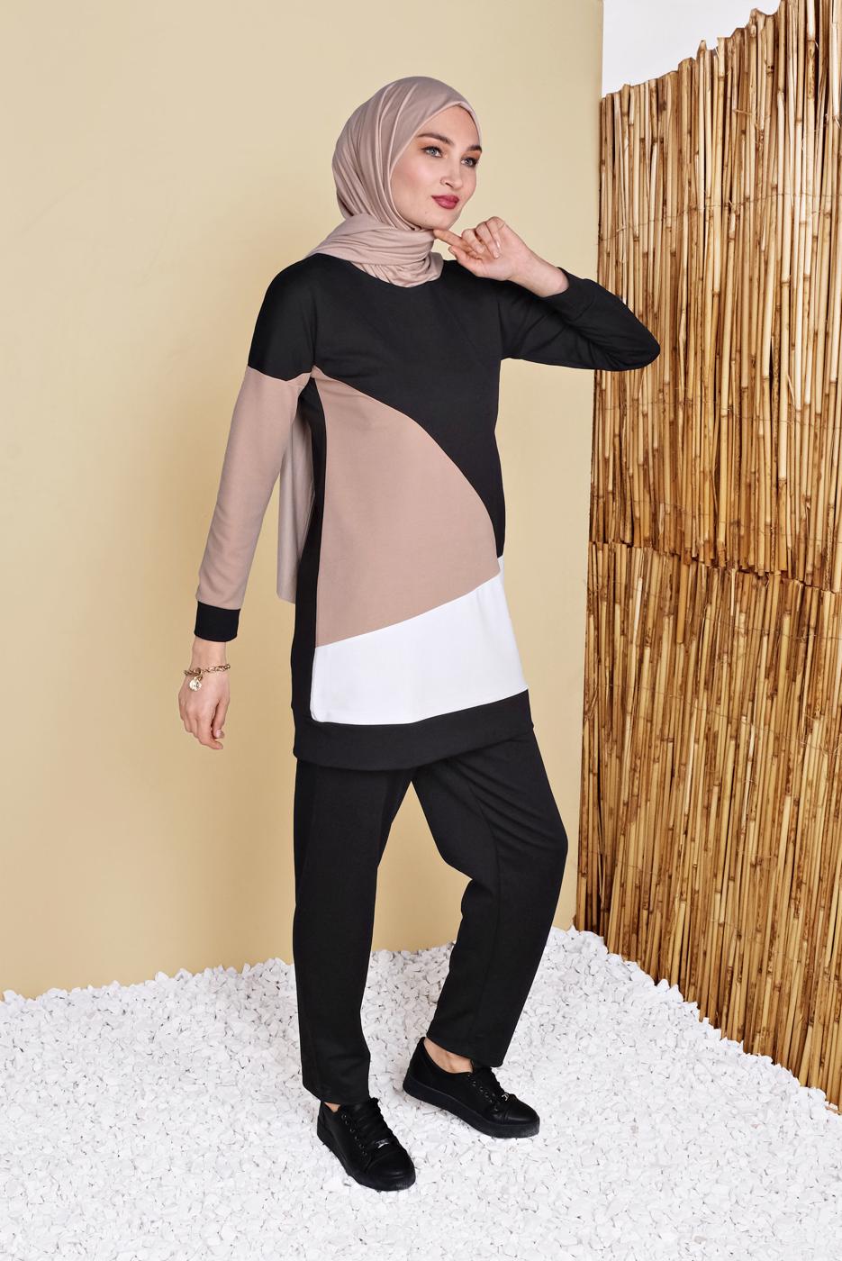 Tesettür giyim SİYAH BİSİKLET YAKA İKİLİ PANTOLONLU EŞOFMAN TAKIMI 8555