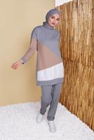Tesettür giyim GRİ BİSİKLET YAKA İKİLİ PANTOLONLU EŞOFMAN TAKIMI 8555
