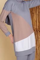Tesettür giyim GRİ BİSİKLET YAKA İKİLİ PANTOLONLU EŞOFMAN TAKIMI 8555