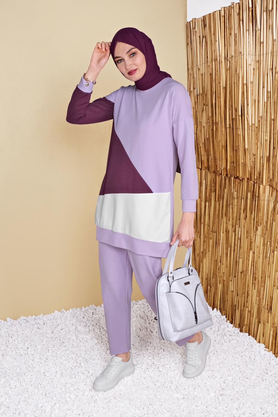 Tesettür giyim MOR BİSİKLET YAKA İKİLİ PANTOLONLU EŞOFMAN TAKIMI 8555