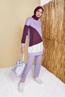 Tesettür giyim MOR BİSİKLET YAKA İKİLİ PANTOLONLU EŞOFMAN TAKIMI 8555