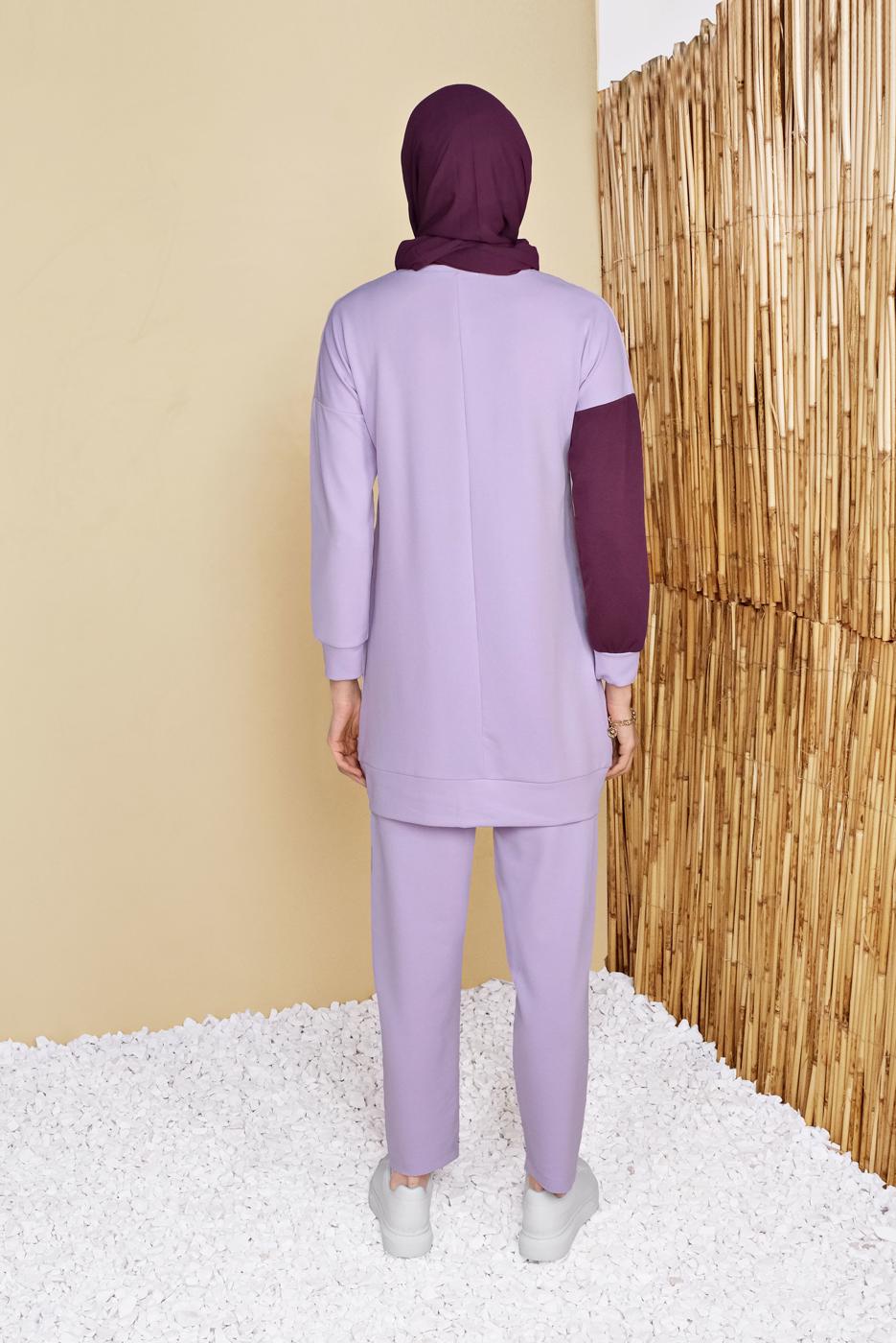 Tesettür giyim MOR BİSİKLET YAKA İKİLİ PANTOLONLU EŞOFMAN TAKIMI 8555