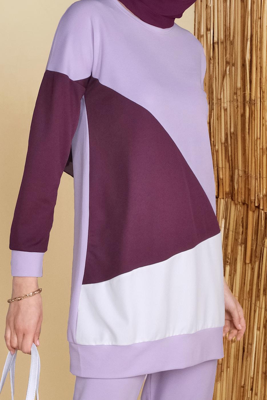 Tesettür giyim MOR BİSİKLET YAKA İKİLİ PANTOLONLU EŞOFMAN TAKIMI 8555