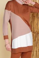 Tesettür giyim KAHVE BİSİKLET YAKA İKİLİ PANTOLONLU EŞOFMAN TAKIMI 8555