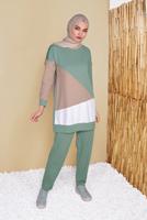 Tesettür giyim YEŞİL BİSİKLET YAKA İKİLİ PANTOLONLU EŞOFMAN TAKIMI 8555