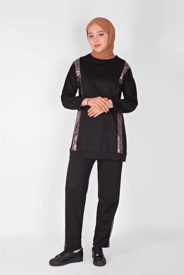 Vêtements hijab NOIR ENSEMBLE PANTALON DÉTAILLÉ À RAYURES  9456 - TRENDTESETTÜR