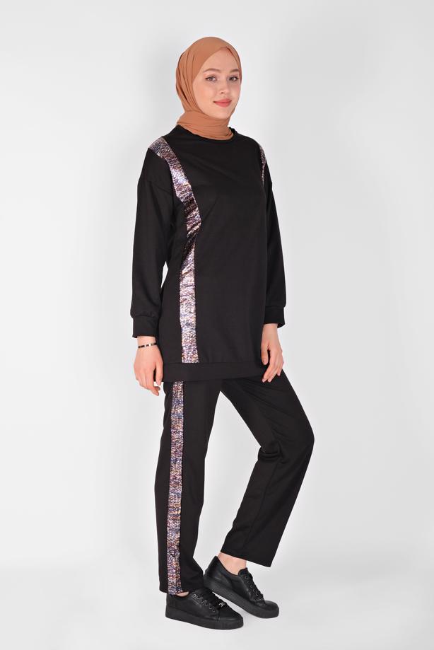 Vêtements hijab NOIR ENSEMBLE PANTALON DÉTAILLÉ À RAYURES  9456 - TRENDTESETTÜR