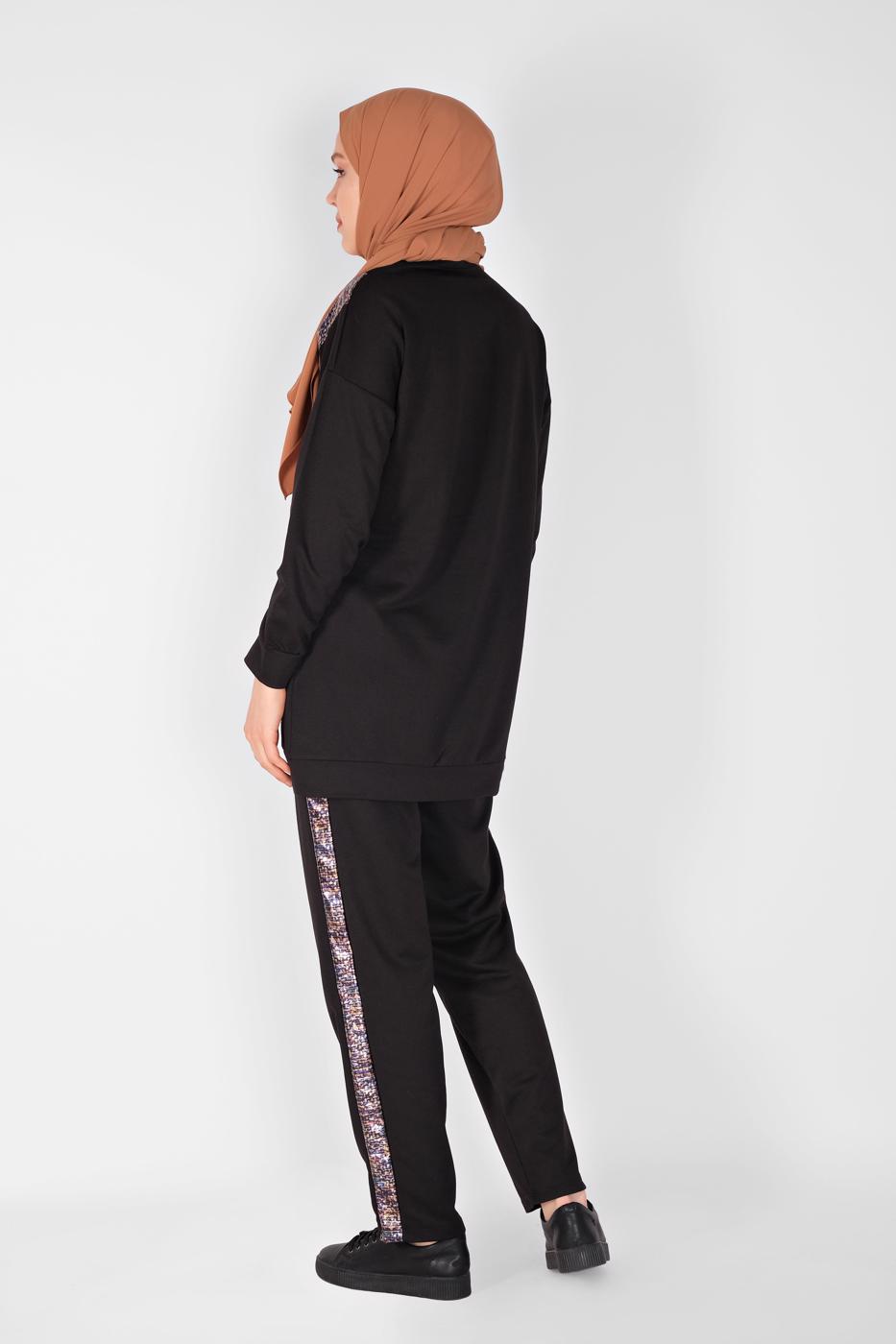 Vêtements hijab NOIR ENSEMBLE PANTALON DÉTAILLÉ À RAYURES  9456