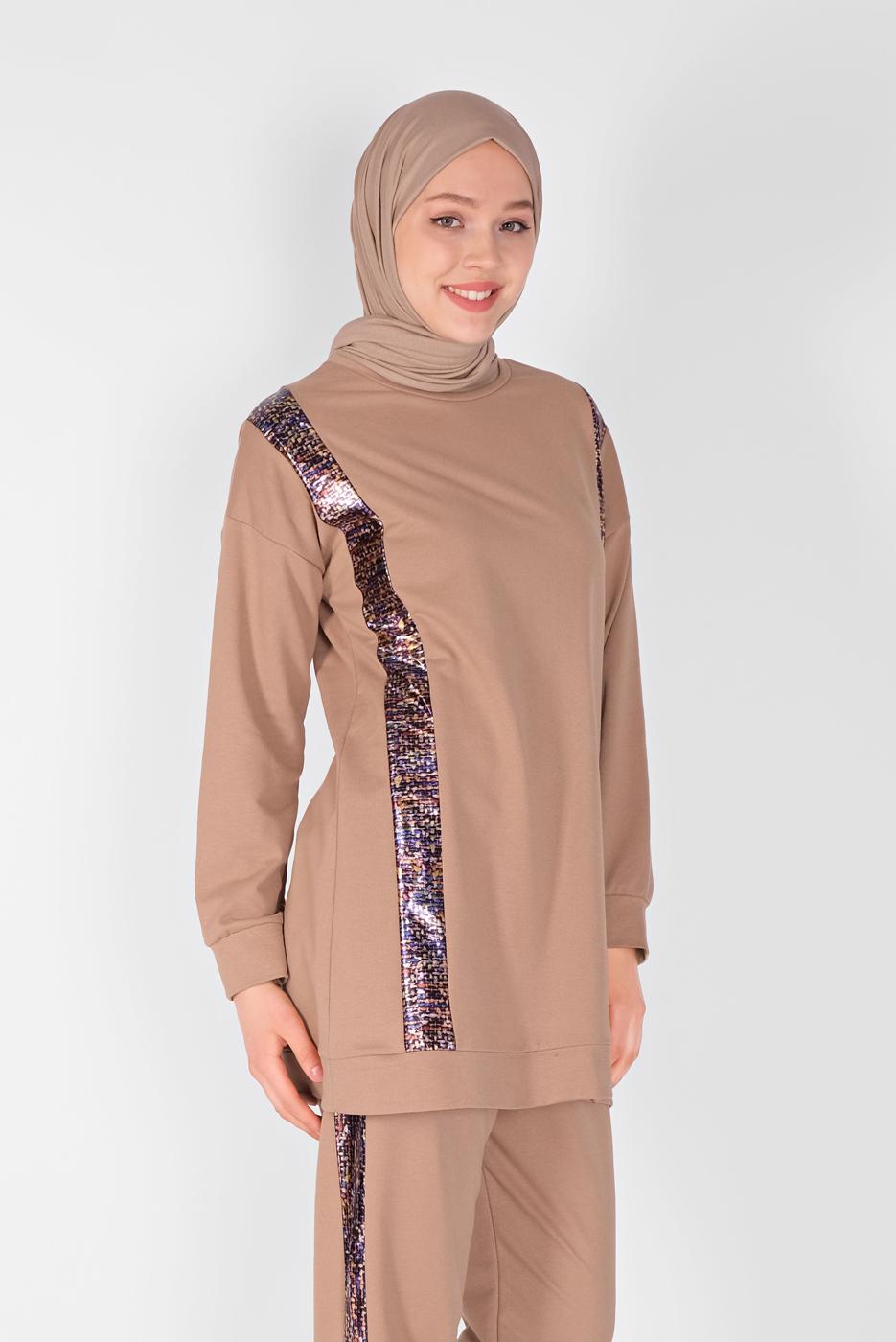 Vêtements hijab BRUN ENSEMBLE PANTALON DÉTAILLÉ À RAYURES  9456