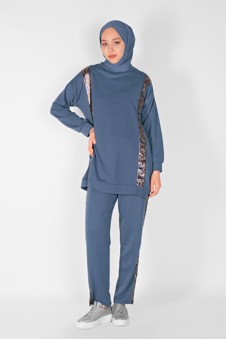 Tesettür giyim LACİVERT ŞERİT DETAYLI PANTOLONLU EŞOFMAN TAKIM  9456 