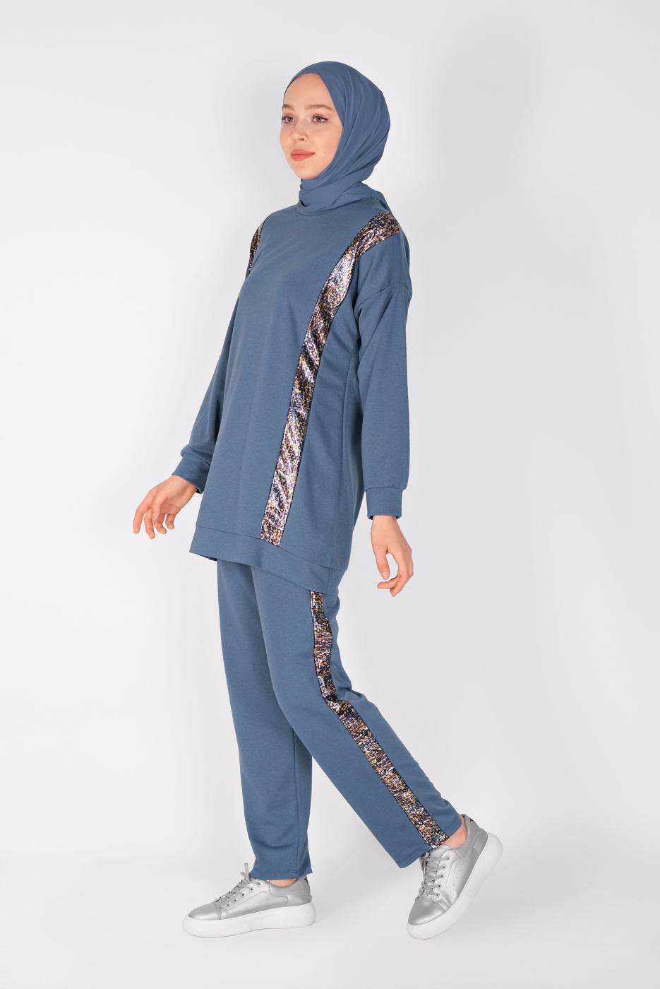 Tesettür giyim LACİVERT ŞERİT DETAYLI PANTOLONLU EŞOFMAN TAKIM  9456 