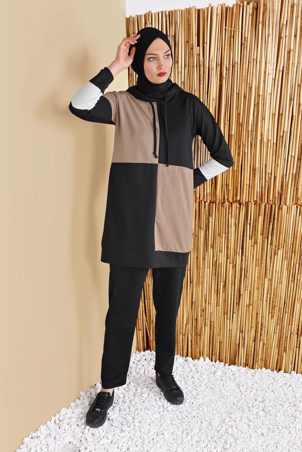 Hijab clothing BLACK CHECKED 3-COLOR TRACKSUIT SET WITH PANTS 9555  - TRENDTESETTÜR