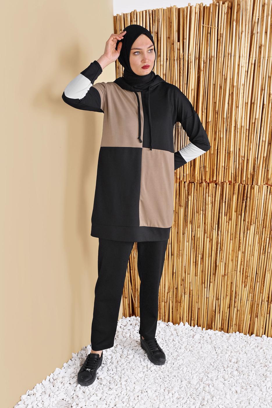 Tesettür giyim SİYAH KARELİ ÜÇ RENKLİ PANTOLONLU EŞOFMAN TAKIM  9555