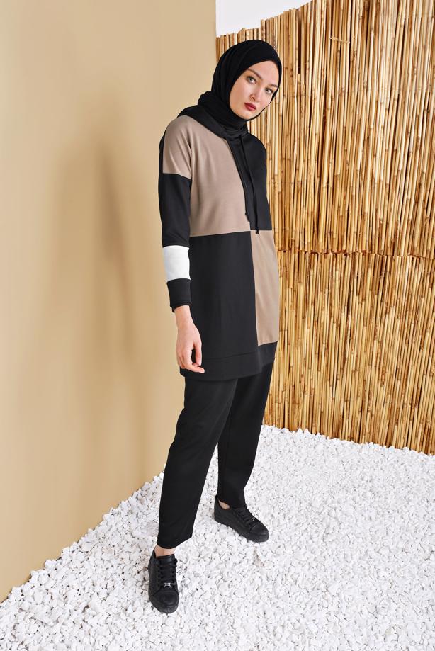Hijab clothing BLACK CHECKED 3-COLOR TRACKSUIT SET WITH PANTS 9555  - TRENDTESETTÜR