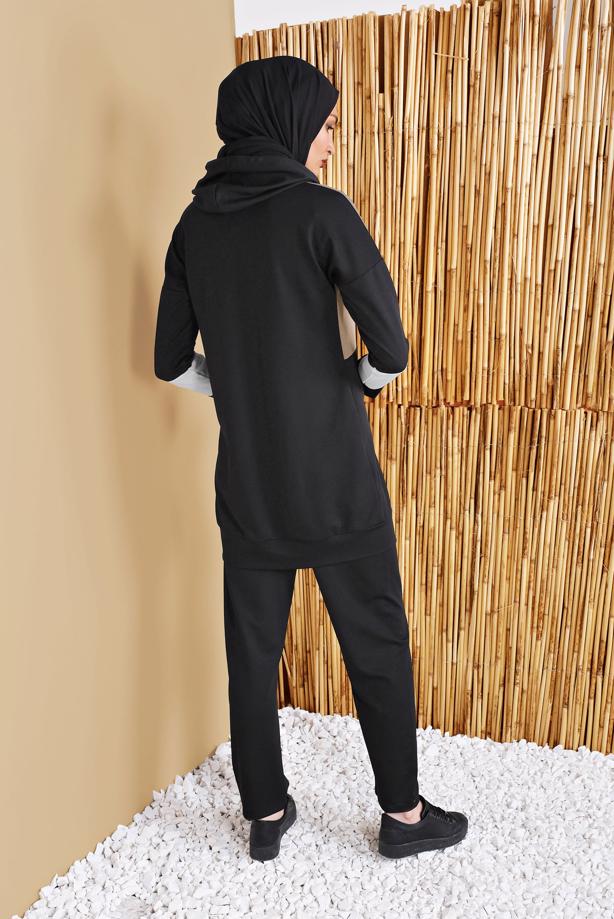 Hijab clothing BLACK CHECKED 3-COLOR TRACKSUIT SET WITH PANTS 9555  - TRENDTESETTÜR