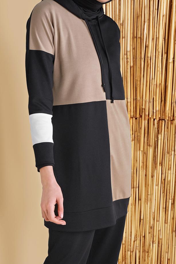 Hijab clothing BLACK CHECKED 3-COLOR TRACKSUIT SET WITH PANTS 9555  - TRENDTESETTÜR