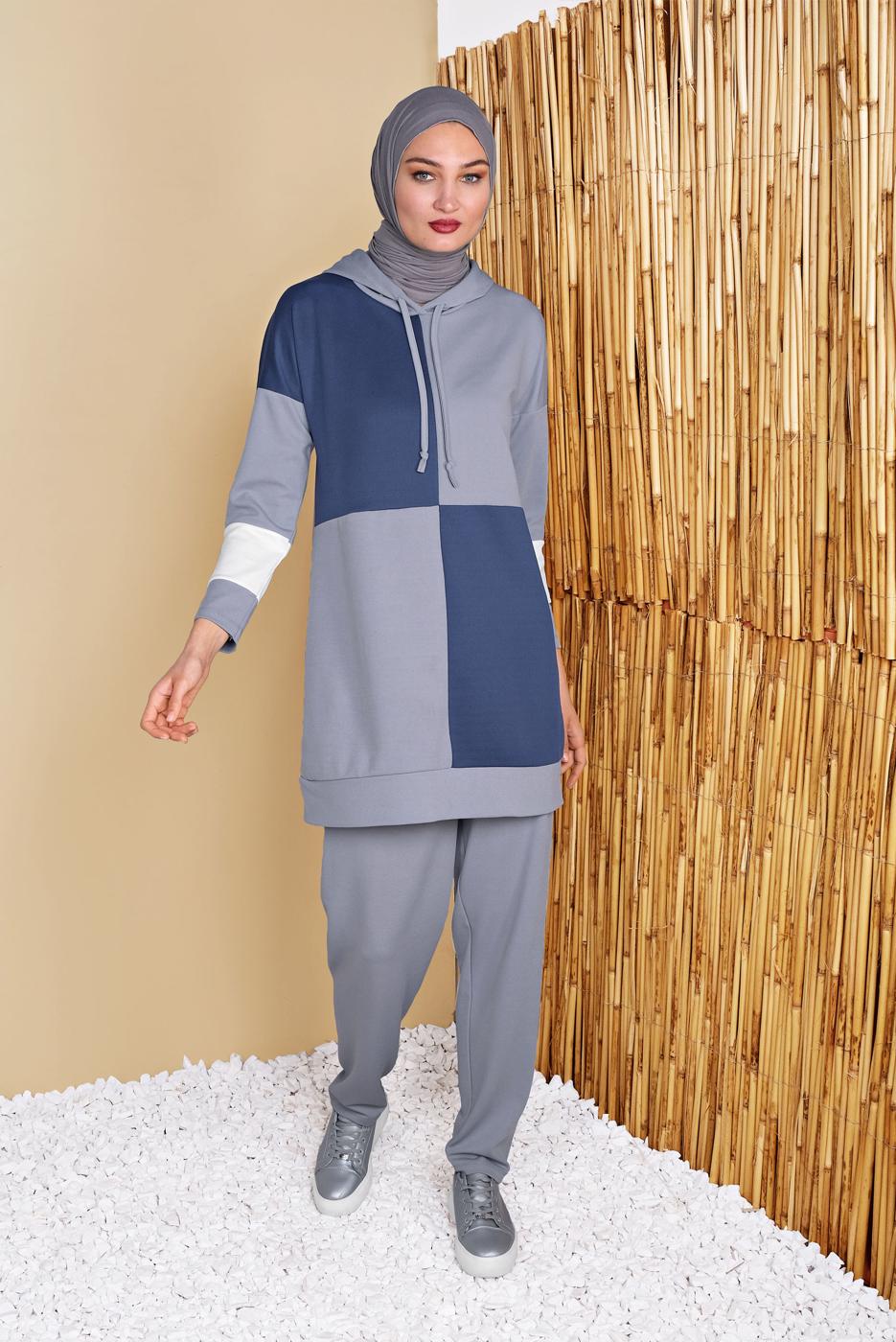 Tesettür giyim GRİ KARELİ ÜÇ RENKLİ PANTOLONLU EŞOFMAN TAKIM  9555