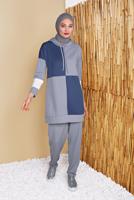 Tesettür giyim GRİ KARELİ ÜÇ RENKLİ PANTOLONLU EŞOFMAN TAKIM  9555