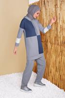 Tesettür giyim GRİ KARELİ ÜÇ RENKLİ PANTOLONLU EŞOFMAN TAKIM  9555