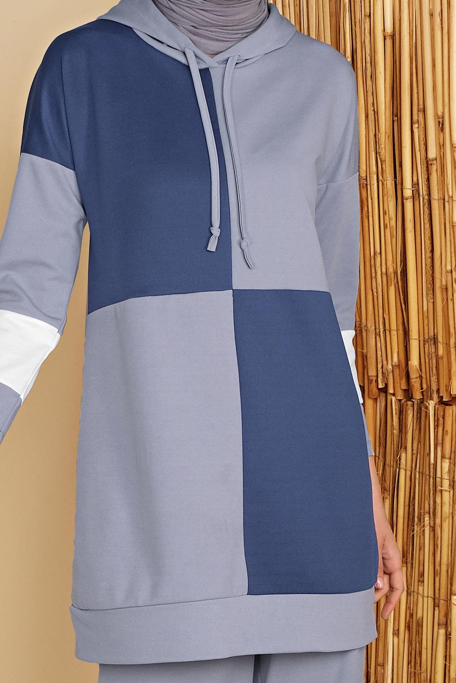 Tesettür giyim GRİ KARELİ ÜÇ RENKLİ PANTOLONLU EŞOFMAN TAKIM  9555