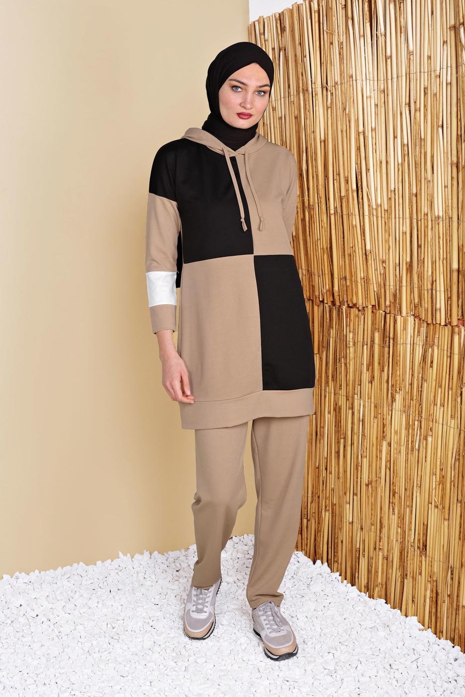 Tesettür giyim KAHVE KARELİ ÜÇ RENKLİ PANTOLONLU EŞOFMAN TAKIM  9555