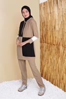 Tesettür giyim KAHVE KARELİ ÜÇ RENKLİ PANTOLONLU EŞOFMAN TAKIM  9555