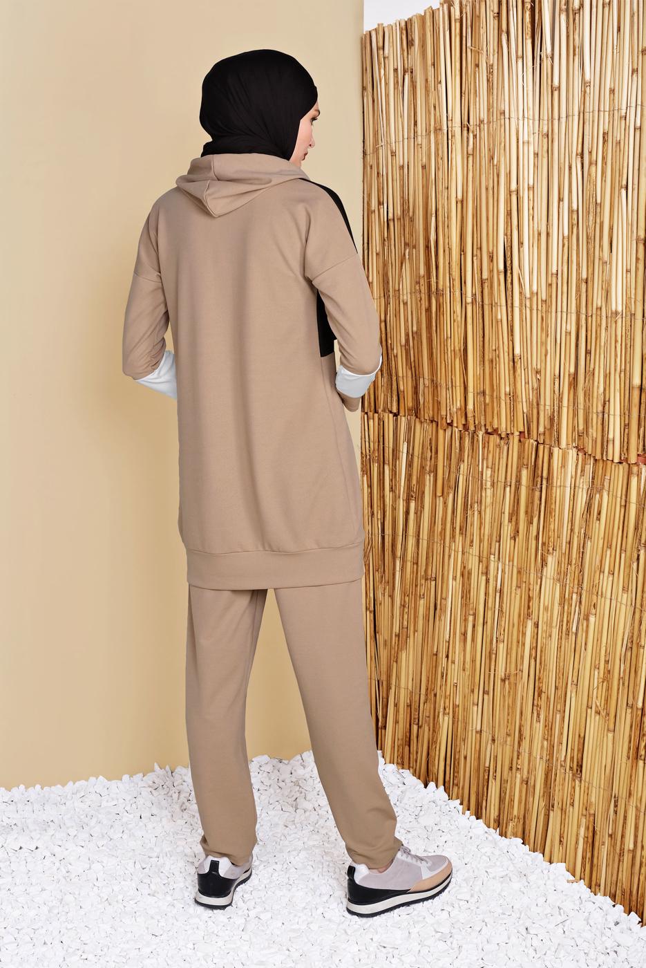 Tesettür giyim KAHVE KARELİ ÜÇ RENKLİ PANTOLONLU EŞOFMAN TAKIM  9555