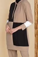 Tesettür giyim KAHVE KARELİ ÜÇ RENKLİ PANTOLONLU EŞOFMAN TAKIM  9555