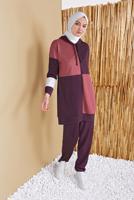Tesettür giyim MÜRDÜM KARELİ ÜÇ RENKLİ PANTOLONLU EŞOFMAN TAKIM  9555