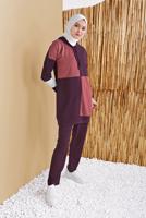 Tesettür giyim MÜRDÜM KARELİ ÜÇ RENKLİ PANTOLONLU EŞOFMAN TAKIM  9555