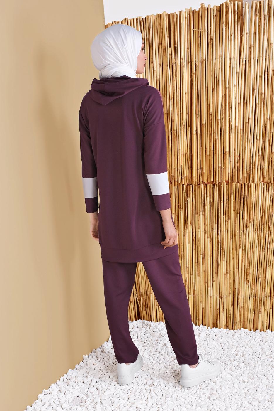 Tesettür giyim MÜRDÜM KARELİ ÜÇ RENKLİ PANTOLONLU EŞOFMAN TAKIM  9555