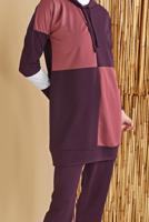 Tesettür giyim MÜRDÜM KARELİ ÜÇ RENKLİ PANTOLONLU EŞOFMAN TAKIM  9555