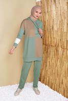 Tesettür giyim YEŞİL KARELİ ÜÇ RENKLİ PANTOLONLU EŞOFMAN TAKIM  9555