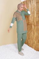 Tesettür giyim YEŞİL KARELİ ÜÇ RENKLİ PANTOLONLU EŞOFMAN TAKIM  9555