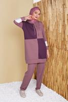 Tesettür giyim PEMBE KARELİ ÜÇ RENKLİ PANTOLONLU EŞOFMAN TAKIM  9555