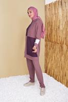 Tesettür giyim PEMBE KARELİ ÜÇ RENKLİ PANTOLONLU EŞOFMAN TAKIM  9555