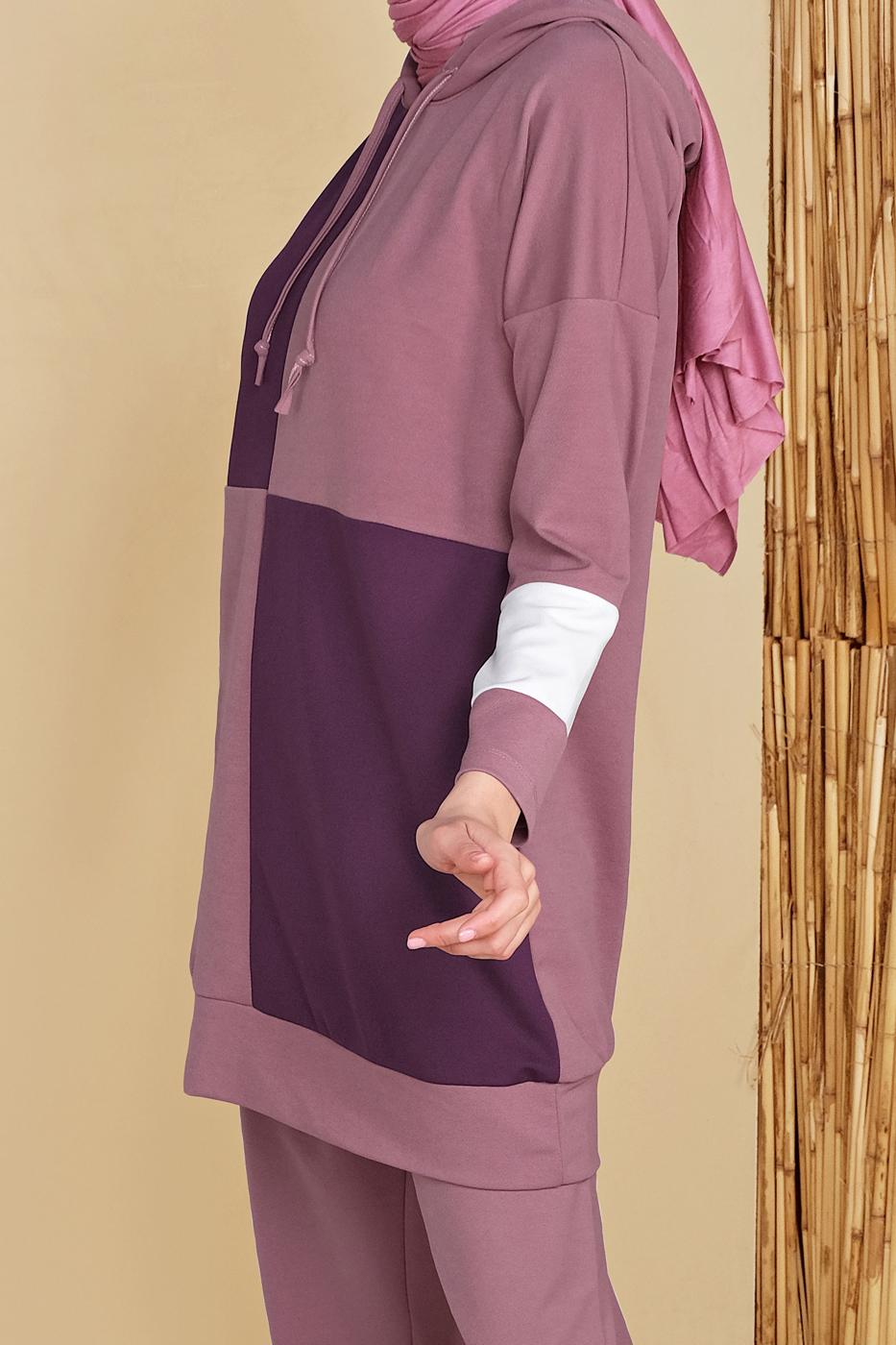 Tesettür giyim PEMBE KARELİ ÜÇ RENKLİ PANTOLONLU EŞOFMAN TAKIM  9555