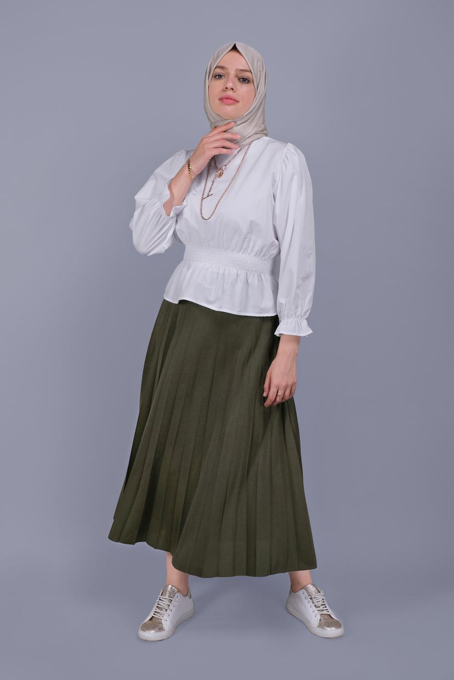 Tesettür giyim HAKİ PİLİSELİ ETEK 1961