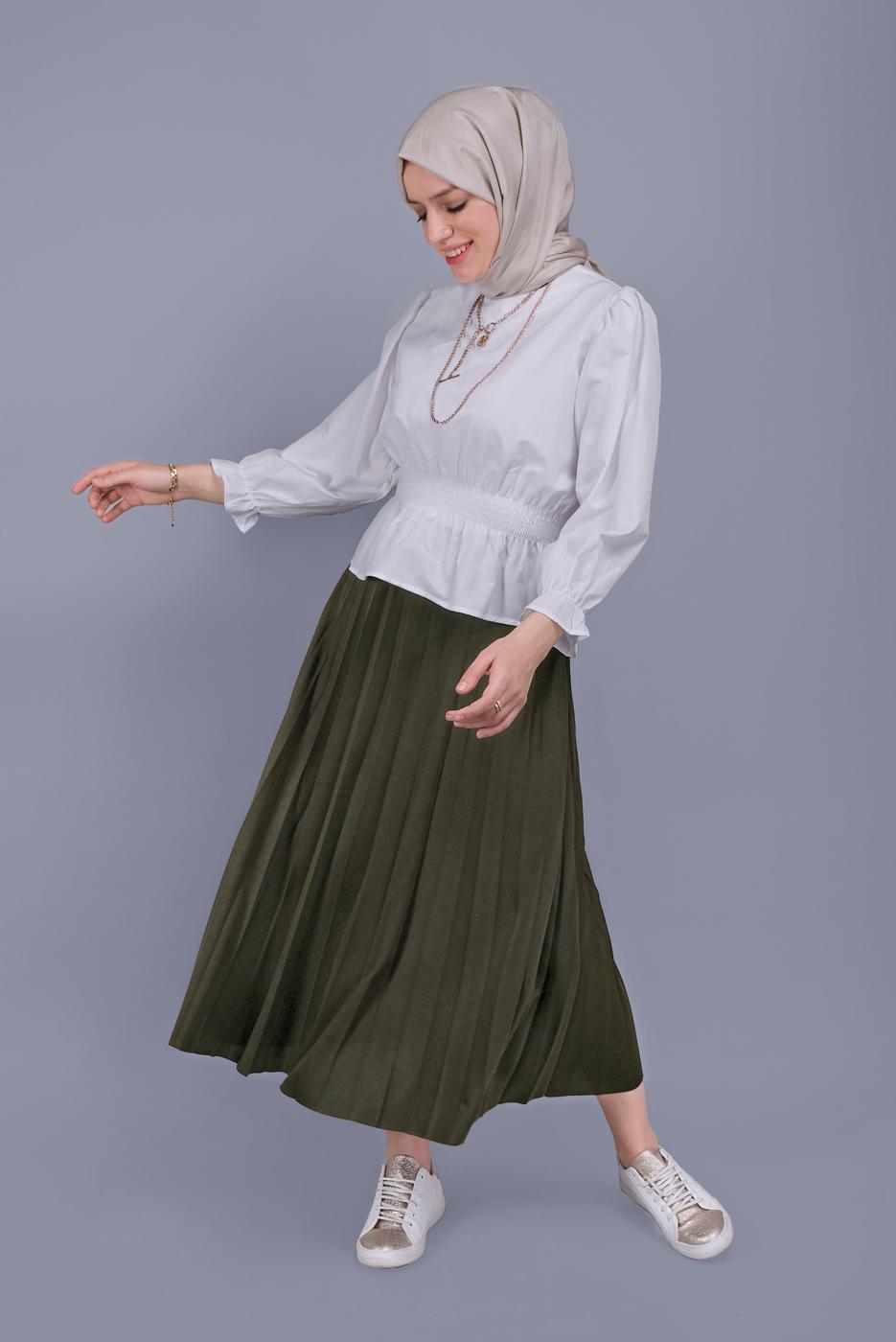 Tesettür giyim HAKİ PİLİSELİ ETEK 1961