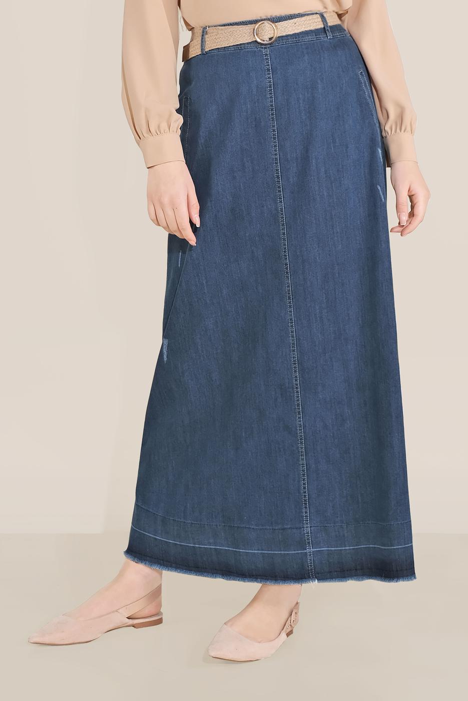 Tesettür giyim LACİVERT ALVİNA DENİM ETEK 60076