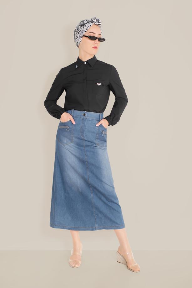 Vêtements hijab BLEU MARINE JUPE EN DENIM AVEC FERMETURE ÉCLAIR ALVİNA AVEC POCHE 60081 - TRENDTESETTÜR