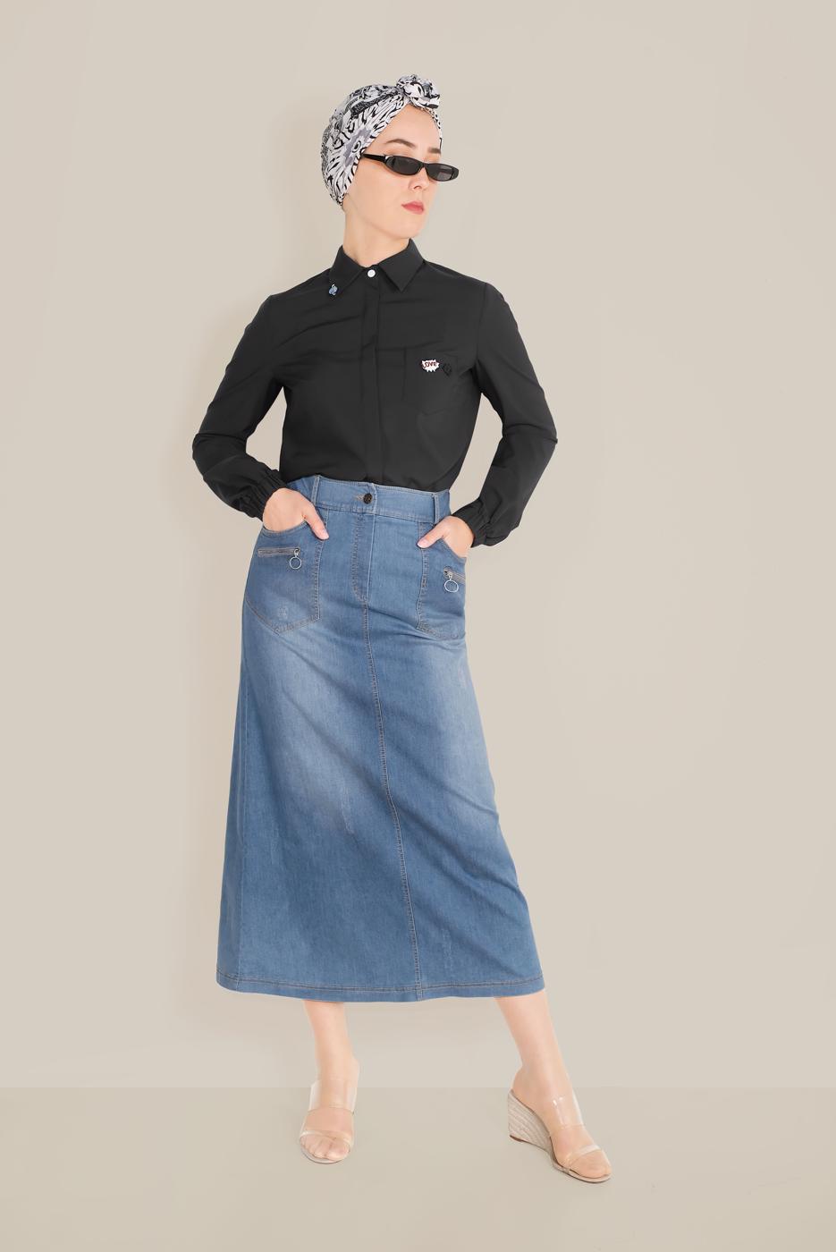 Hijab clothing NAVY BLUE ALVİNA ZIPPER DETAIL DENIM SKIRT WITH POCKET 60081  